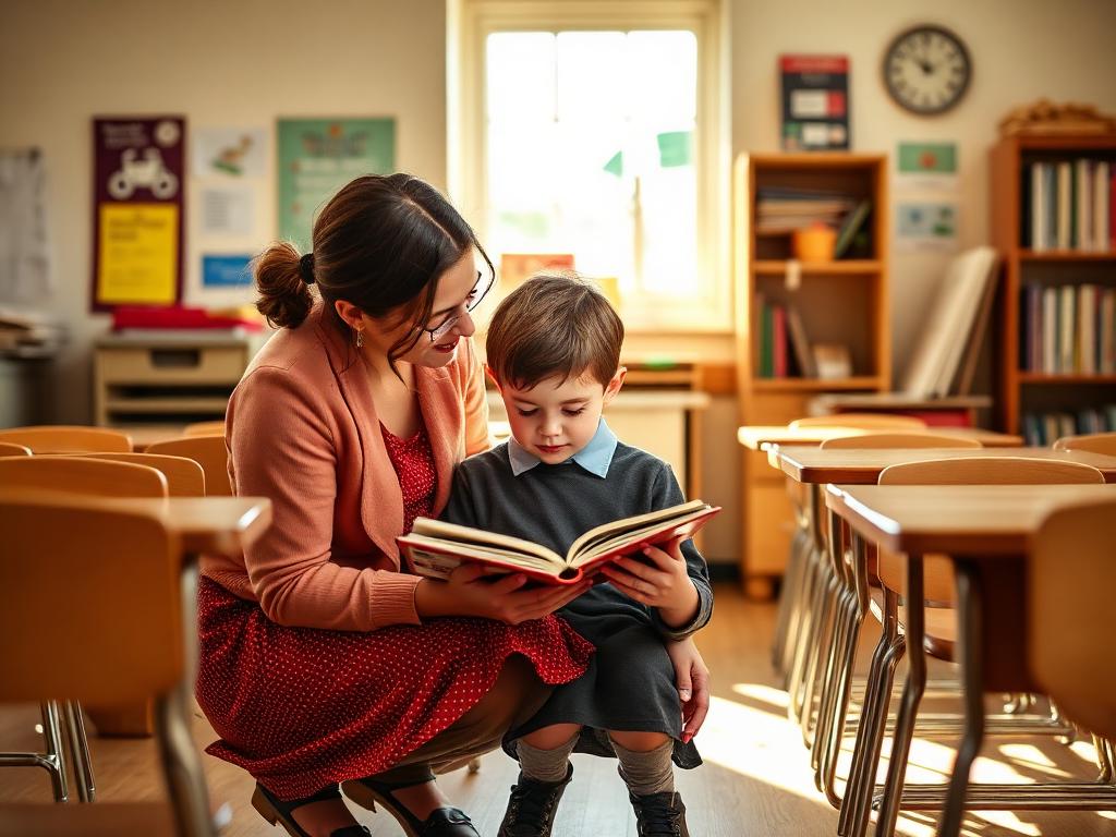 An elementary teacher reading a book with a young student