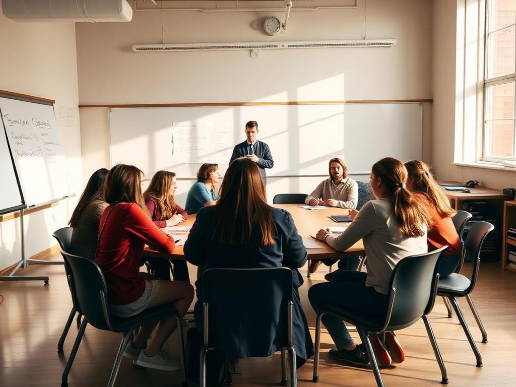 High school students in a seminar discussion with their teacher