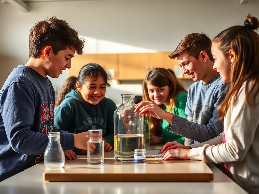 Middle school students gathered around a science experiment